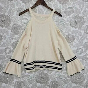 Knitted Linen Blend Cold Shoulder Knit Top With Flare Sleeves & Striped Hem